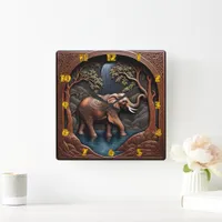 Elegant Elephant Amidst Tranquil Waterfall Scene Square Wall Clock