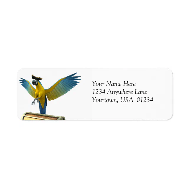 Blue and Gold Macaw Wearing a Pirate Hat Label