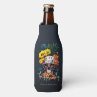 Floral Skull Monogram Family Name Halloween Bottle Cooler