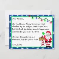 Letter from Santa for Kids + Coloring Page on Back Postcard