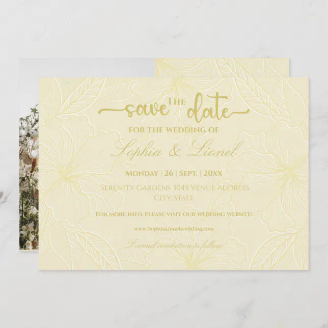 Elegant Minimal Golden Outline Flowers Wedding Save The Date