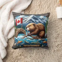 Canadian Beaver Building Dam Near Mountain Stream Throw Pillow