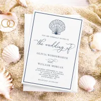 Beach Seashell Elegant White Navy Wedding Invitation