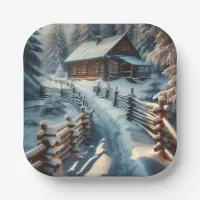 Winter Log Cabin on a Snowy Day Christmas Paper Plates