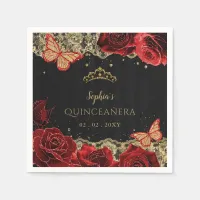 Vintage Red  Roses Black Gold Lace Quinceañera Napkins