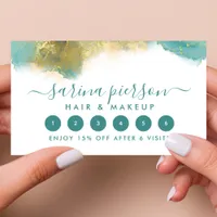 Teal And Gold Modern Art Liquid Watercolor Ink Loyalty Card