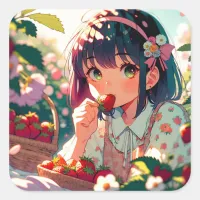 Cute Anime Girl Eating Strawberries | Summer Day Square Sticker