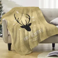 Deer Antlers Silhouette & Snowflakes Gold ID861 Fleece Blanket