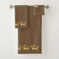 Fancy Gold Elephants | Brown Background Bath Towel Set