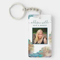 Blue And Gold Modern Liquid Watercolor Salon ID Keychain