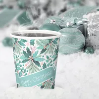 Teal Christmas Holly Berries Pattern#17 ID1009 Paper Cups