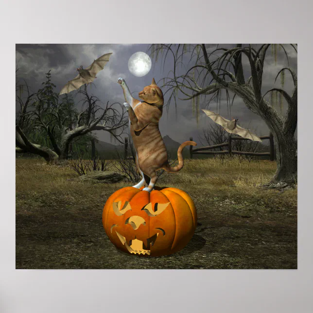 Cute Halloween Orange Cat Batting Bats Poster