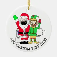 Santa and Elves in Facemasks Custom Text Ceramic Ornament