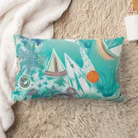 Sailboats and Sea Creatures Abstract Beachy Art Lumbar Pillow