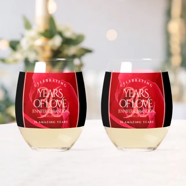 Elegant 36th Rose Wedding Anniversary Celebration Stemless Wine Glass