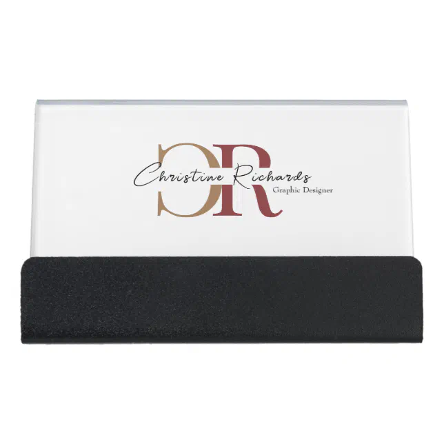 Simple Modern Burgundy Gold Monogram Desk Business Card Holder