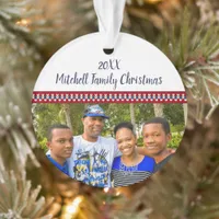 Festive Red & Blue Family Photo Memory Christmas Ornament