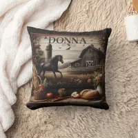 Black Horse Near Farmhouse and Rustic Decor Throw Pillow