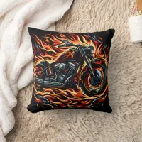 Fiery motorcycle roaring through vibrant flames throw pillow