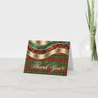 Gold Glam Border Red and Green Christmas Plaid Thank You Card