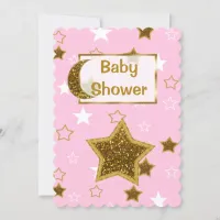 Pink and Gold Moon and Stars Baby Shower Invites
