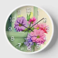 Pink and Purple Flowers on Window Sill Clock