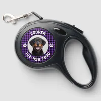 Modern Minimalist Purple Tartan Plaid Photo Name Retractable Pet Leash