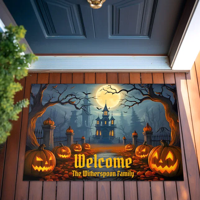 Welcome Home Family Name Spooky Halloween Doormat