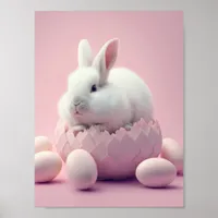 White Easter Bunny and Eggs Pink Background Poster