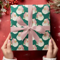 Retro Pink Santa on Green Christmas Wrapping Paper