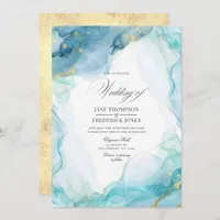 Elegant Blue and Gold Marble Ink Wedding Invitation