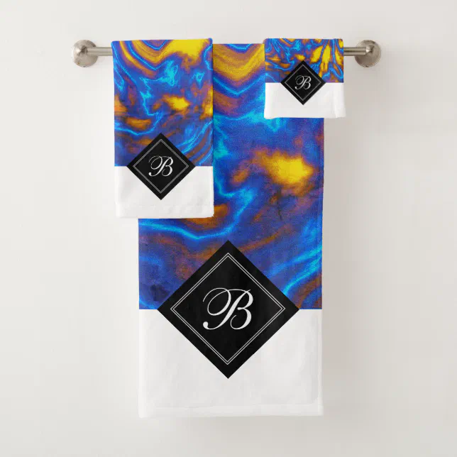 Abstract Modern Yellow Blue Purple Liquid Marble Bath Towel Set