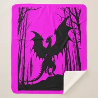 Black Silhouette Dragon on Pink - Fantasy | Sherpa Blanket