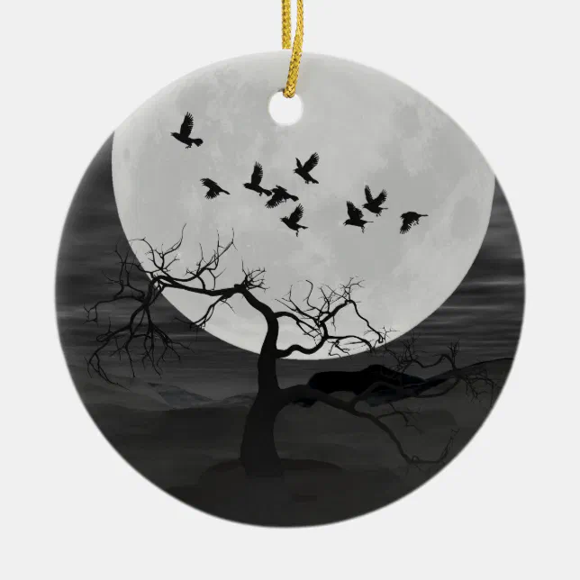 Spooky Ravens Flying Against the Full Moon Ceramic Ornament