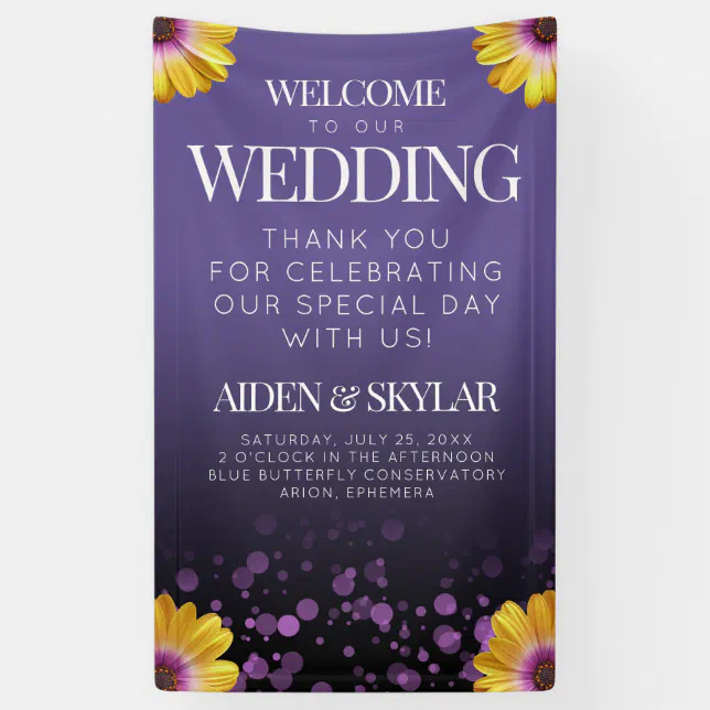 Elegant Daisies Purple Glitter Welcome Wedding Banner