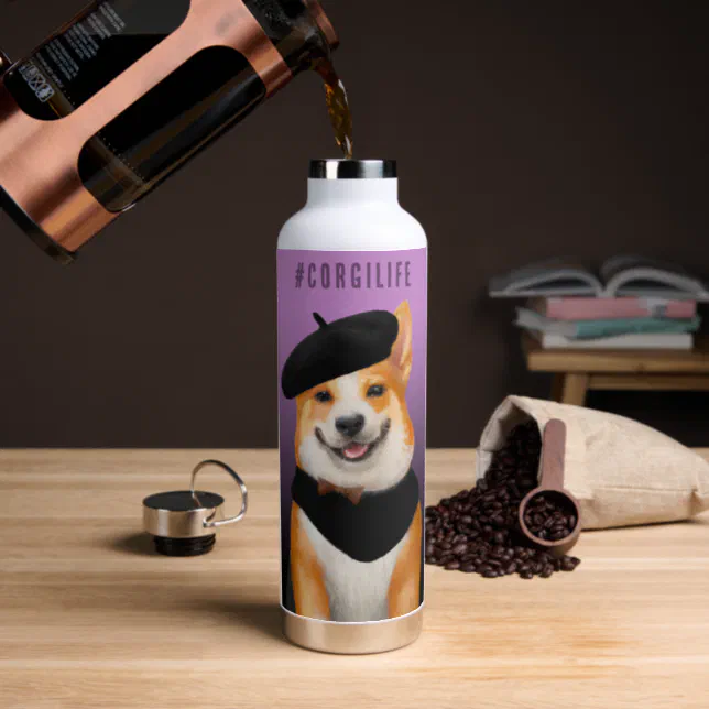 Cute Chic Corgi Dog Wearing Beret & Bandana Water Bottle