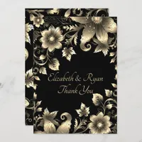 Elegant Black and Gold Floral Wedding  Thank You Card