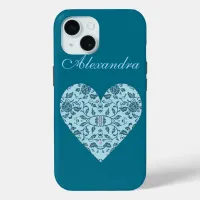 Elegant Flowery Teal Damask Heart Case-Mate iPhone Case