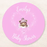 Snow Excited Pink Teddy Bear Baby Shower Round Paper Coaster