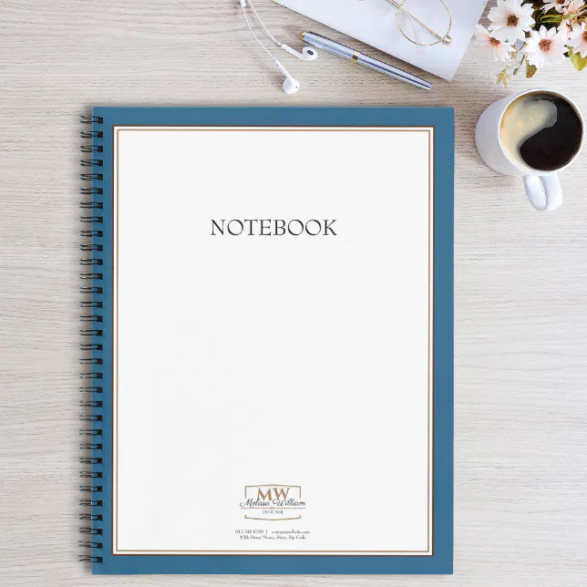 Simple Blue White Monogram Business Notebook