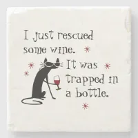 Rescued Some Wine Funny Quote with Black Cat Stone Coaster