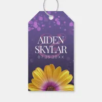 Elegant Golden Daisies with Purple Glitter Wedding Gift Tags