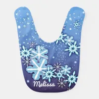 White Winter Crystal Ornate Snowflakes On Blue  Baby Bib