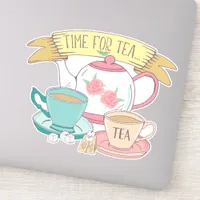 Time for Tea Cute Vintage English Tea Cups Teapot Sticker