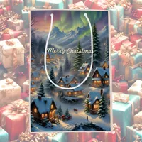 Christmas in a mountain village, polar lights  medium gift bag