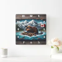 Canadian Beaver Building a Lodge Square Wall Clock