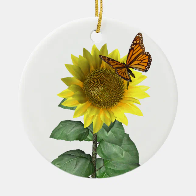 Pretty Yellow Sunflower and Orange Butterfly Ceramic Ornament