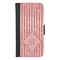 Rose Gold Glitter Stripes Monogram Glam Girly iPhone 8/7 Wallet Case