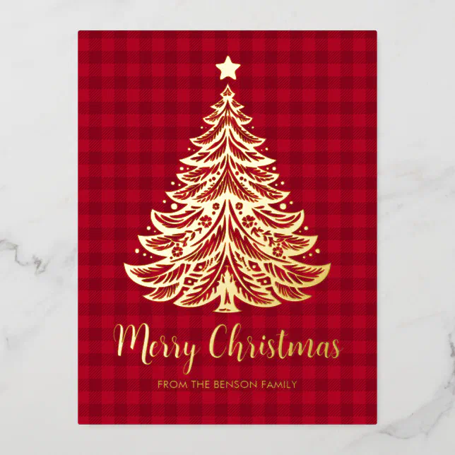 Gold Christmas Tree in Red Plaid Foil Holiday Postcard