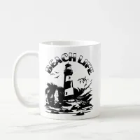 Black and White Lighthouse Beach Life Coffee Mug